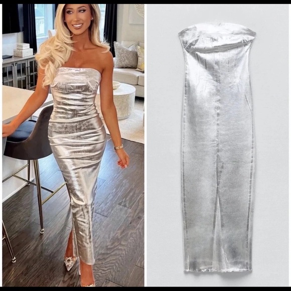 ZARA WOMAN NWT ZW FITTED DRESS METALLIC SILVER SIZE XS - Picture 2 of 15